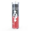 The 7 day Red and Black Double Action Reversible candle has an image of a face that is vertically clear on one side and white on the other with arrows point from the top and bottom of the face.