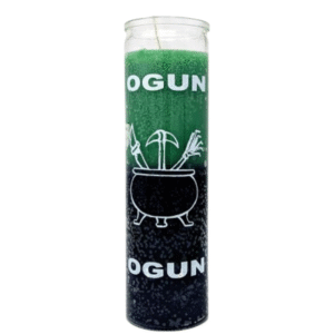 Ogun Candle in a two toned green and black. This 7 day glass prayer candle is 8 inches.