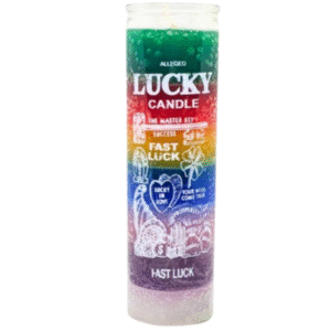 Fast Luck Candle is an unscented 7 day glass prayer candle. This candle is rainbow colored with a Master Key on the front along with a cat and lucky numbers on the back.