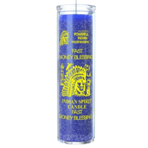 Fast Money Blessing Indian Spirit Candle is an 8 inch 7 day glass prayer candle. This unscented candle has blue was and a gold Native American head on the front.