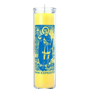 Yellow St Expedite candle with blue images