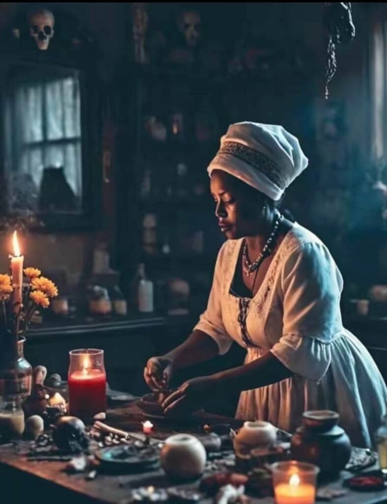 A Hoodoo practitioner working with roots and herbs at table with candles. The root worker uses The Book of Psalms in her spellwork. 